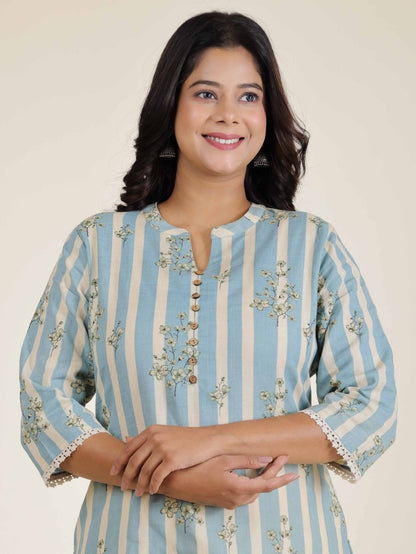 Aramya Straight Linen Cotton Striped Print Women's Kurta Set - Blue - Distacart