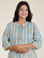 Thumbnail for Aramya Straight Linen Cotton Striped Print Women's Kurta - Blue - Distacart