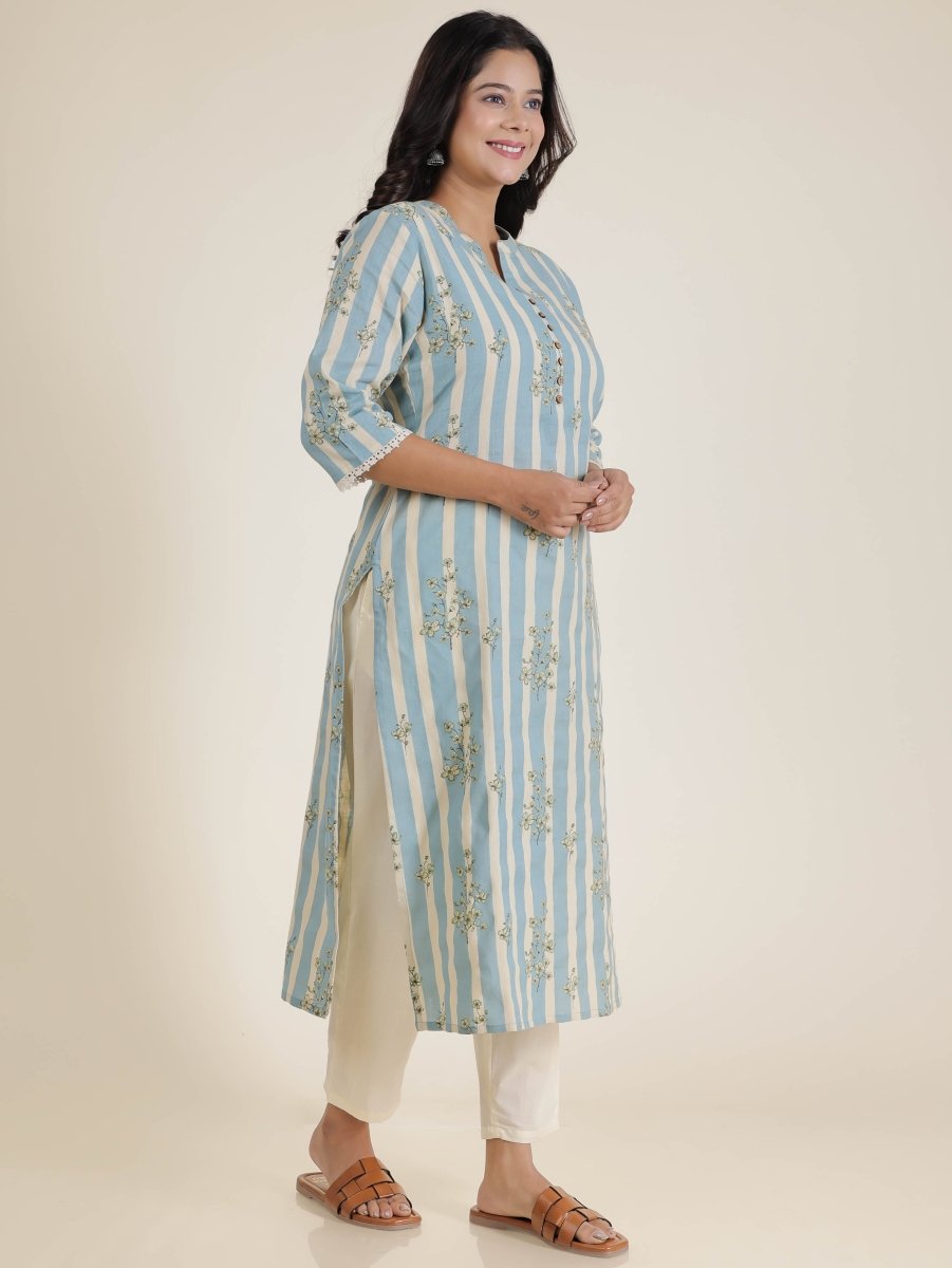 Aramya Straight Linen Cotton Striped Print Women's Kurta - Blue - Distacart