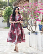 Thumbnail for Preksha Creation Women Brown Kota Fabric With Digital Print Gown - Brown - Distacart