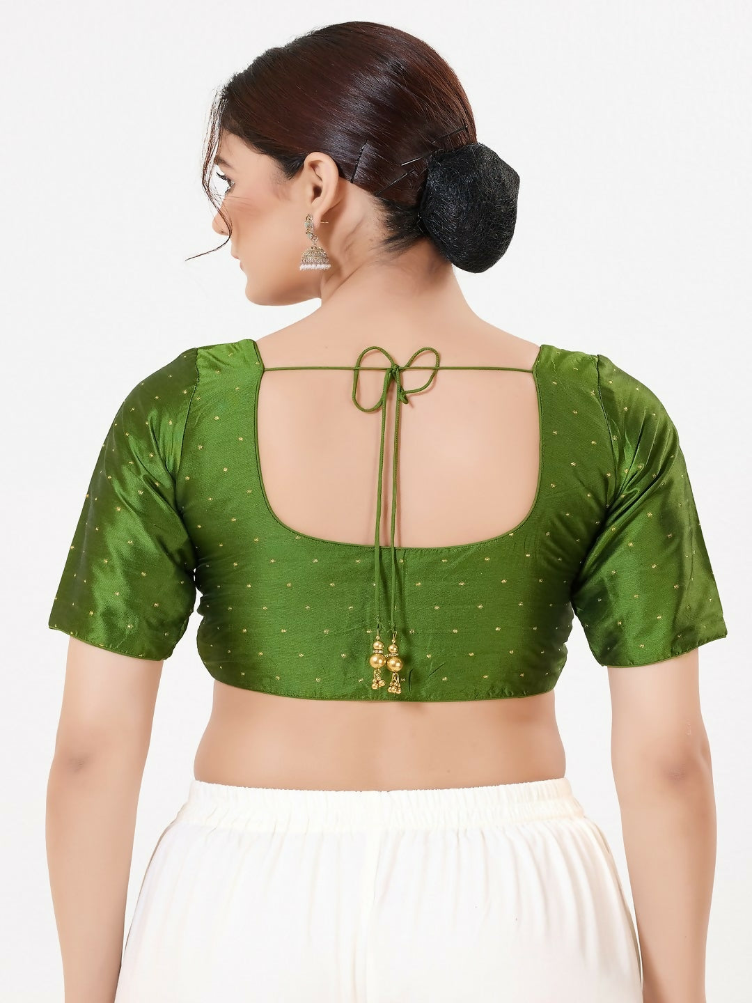 Joban Fashion Mehendi-Green Taffeta Silk Elbow Sleeveless Front Open Blouse