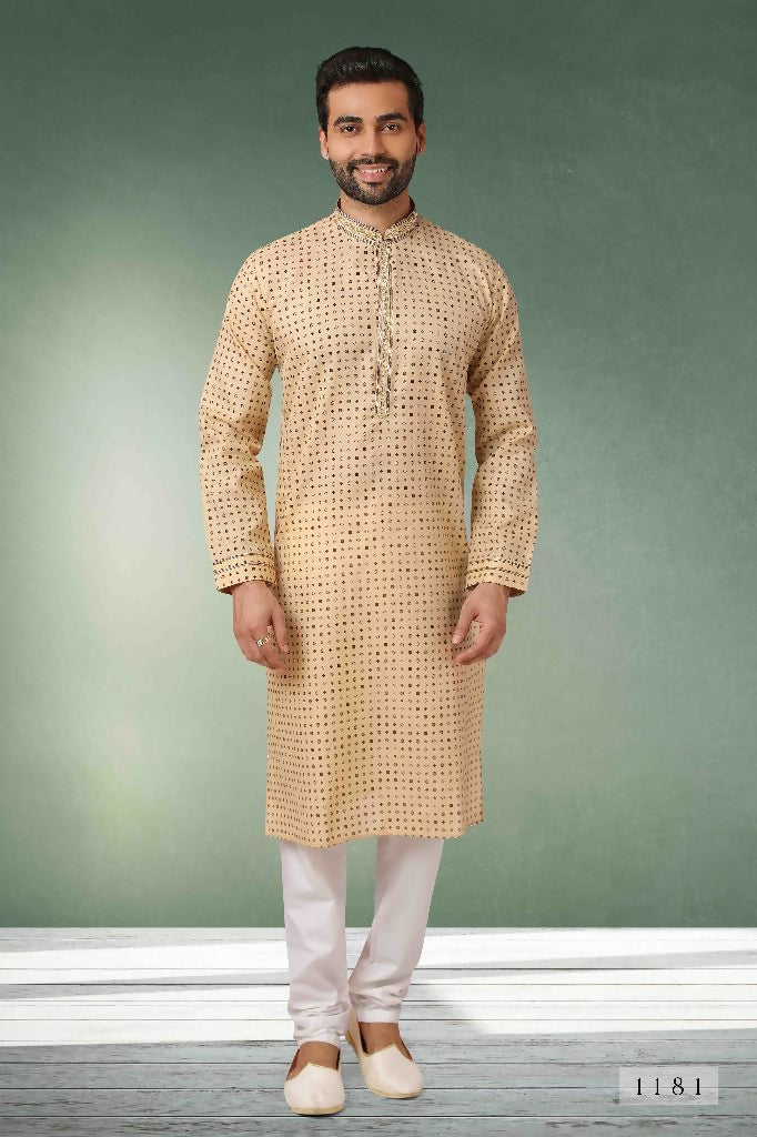 Raivat Ethnic Cotton Printed Work Kurta Pajama In Beige Colour - Distacart