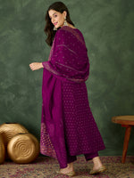 Thumbnail for The52 Wine Women's Gorgeous Embroidered Work Vichitra Silk Fabric Flared Kurta Pant and Dupatta Set - Distacart