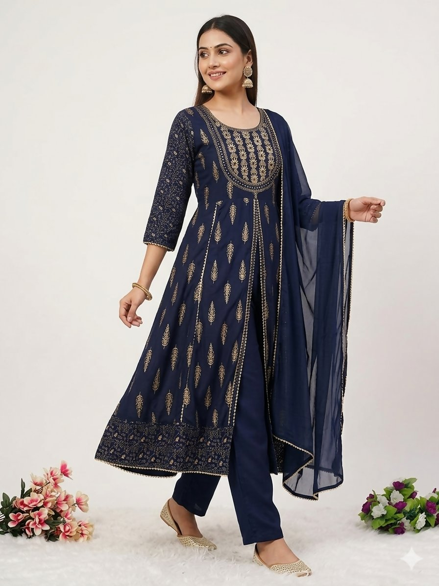 Teeya Creation Women's Navy Blue Fully Stitched Ethnic Kurta With Pant And Dupatta - Dista