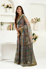Thumbnail for Joban Fashion Dusty Green Floral & Ethnic Motifs Linen Ready To Wear Saree With Unstitched Blouse - Distacart