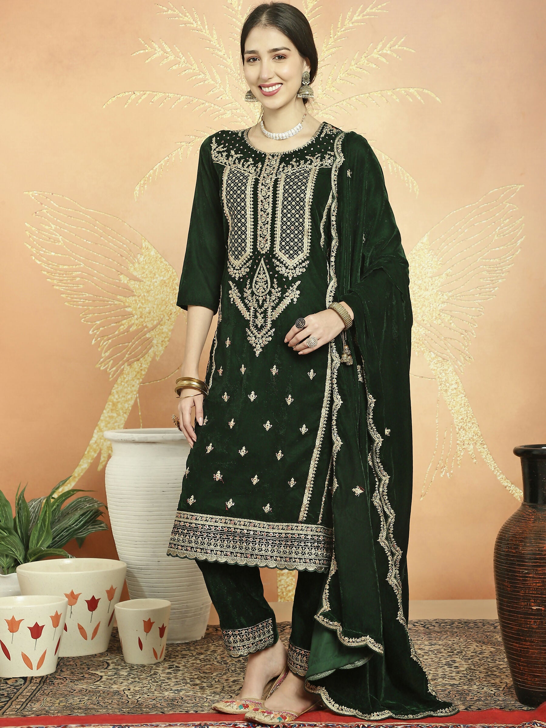 Jyoti Fashion Women's Green Velvet Cording with Resham Thread & Sequin Kurta with Trouser & Dupatta - Distacart