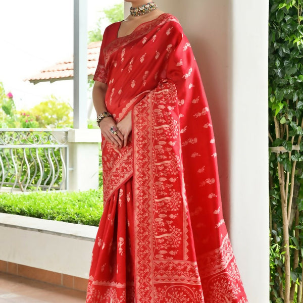 Vishnu Weaves Women's Red Handloom Raw Silk Thread Weaving Saree with Blouse