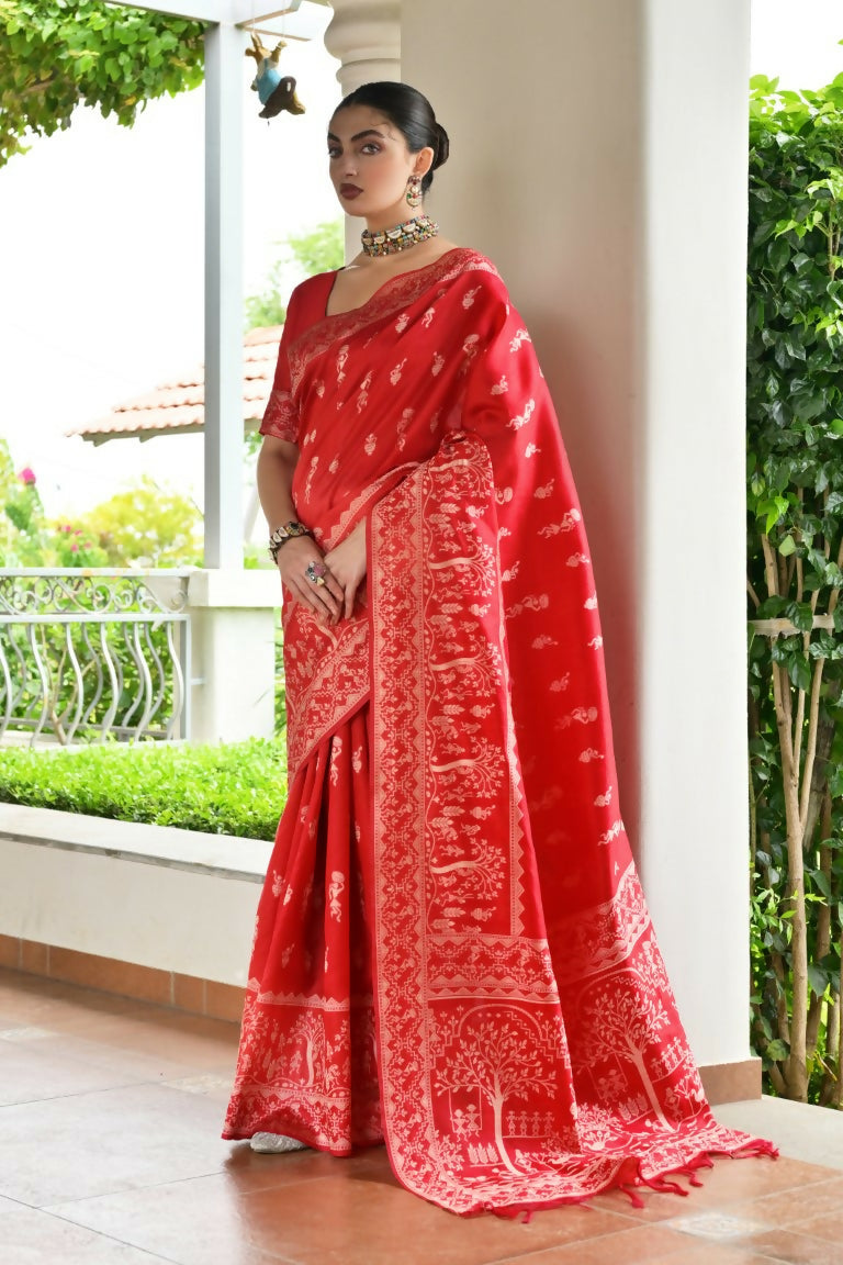 Vishnu Weaves Women's Red Handloom Raw Silk Thread Weaving Saree with Blouse