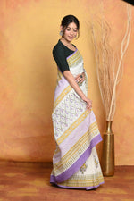 Thumbnail for Very Much Indian Handblock Printed Cotton Saree With Natural Dyes - White - Distacart