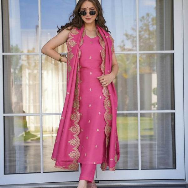 The52 Peach Women's Viscose Zari Chanderi Fabric Embroidered Work Straight Kurta, Pant and Dupatta Set - Distacart