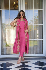 Thumbnail for The52 Peach Women's Viscose Zari Chanderi Fabric Embroidered Work Straight Kurta, Pant and Dupatta Set - Distacart