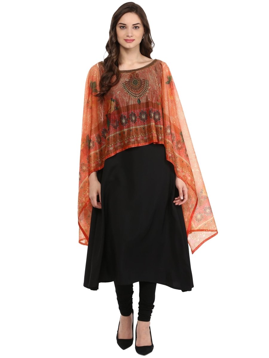 Ahalyaa Black Crepe Printed Kurta With Attached Dupatta For Women