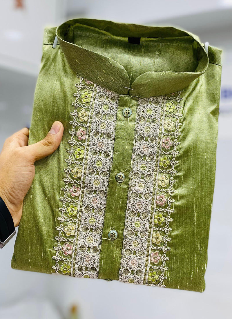 Prazu Fashion Mehendi Shiny Silk Fabulous Coding Work Kurta With Pajama