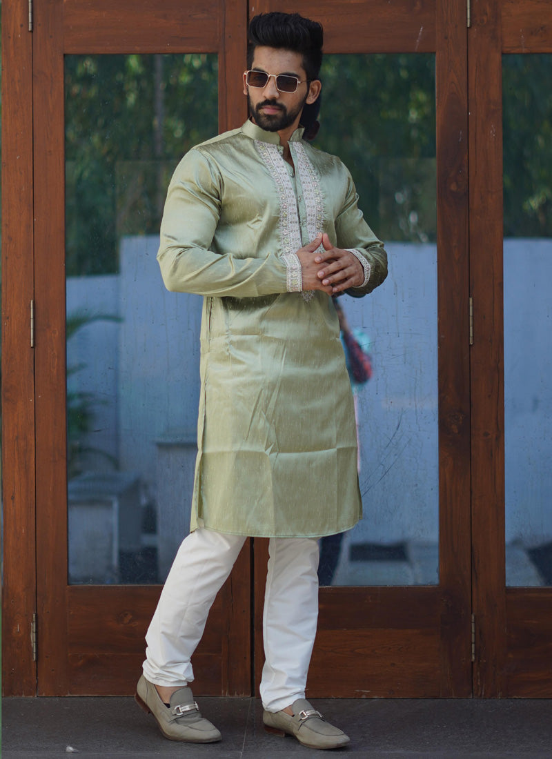 Prazu Fashion Mehendi Shiny Silk Fabulous Coding Work Kurta With Pajama