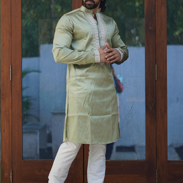 Prazu Fashion Mehendi Shiny Silk Fabulous Coding Work Kurta With Pajama