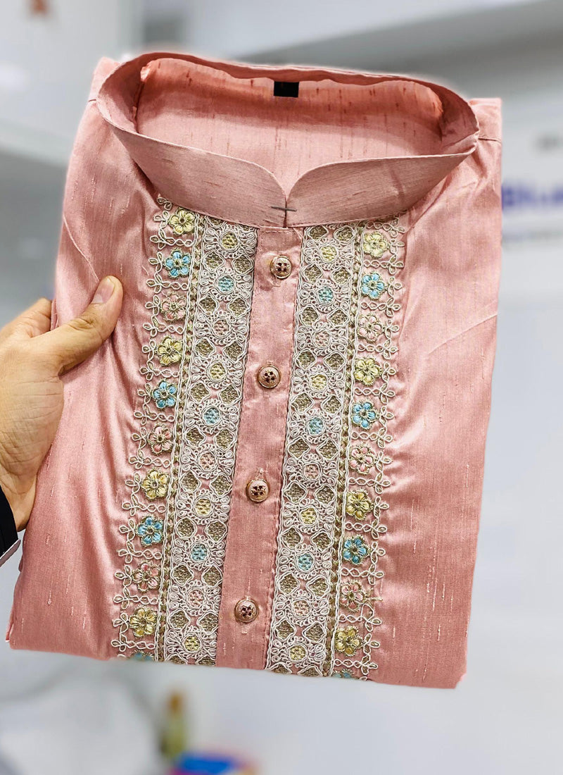 Prazu Fashion Baby Pink Shiny Silk Fabulous Coding Work Kurta With Pajama - Distacart