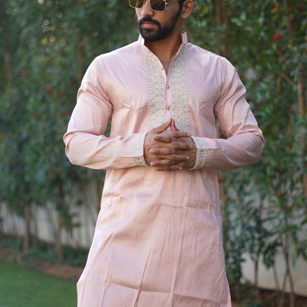 Prazu Fashion Baby Pink Shiny Silk Fabulous Coding Work Kurta With Pajama - Distacart