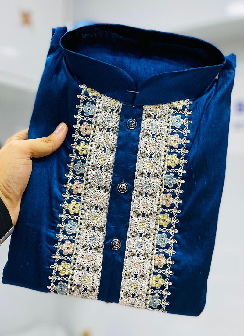 Prazu Fashion Blue Shiny Silk Fabulous Coding Work Kurta With Pajama - Distacart
