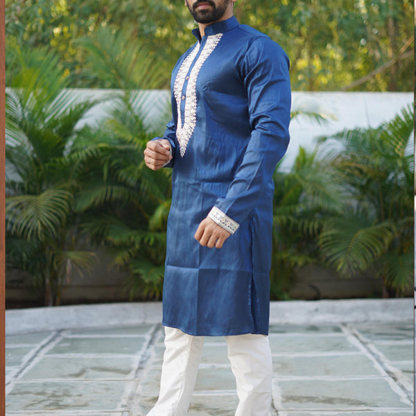 Prazu Fashion Blue Shiny Silk Fabulous Coding Work Kurta With Pajama