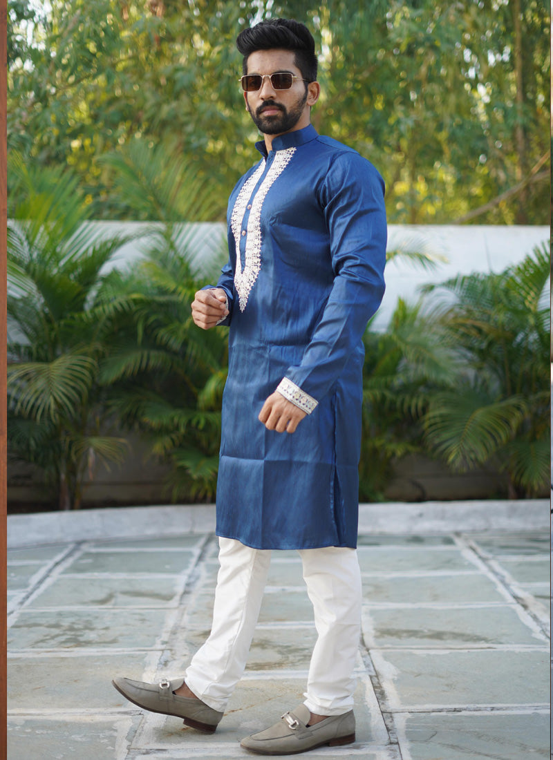 Prazu Fashion Blue Shiny Silk Fabulous Coding Work Kurta With Pajama - Distacart
