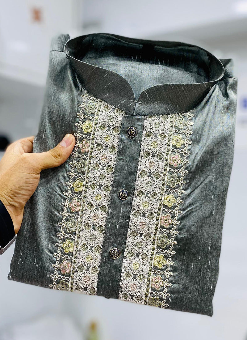 Prazu Fashion Grey Shiny Silk Fabulous Coding Work Kurta With Pajama