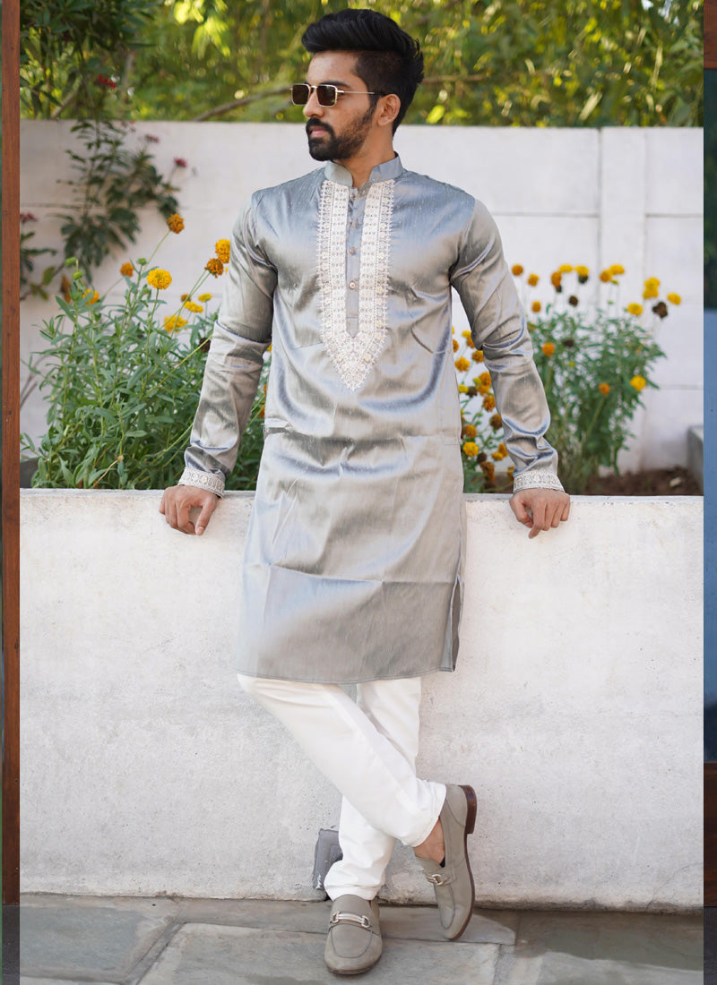 Prazu Fashion Grey Shiny Silk Fabulous Coding Work Kurta With Pajama