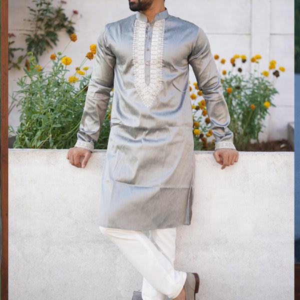 Prazu Fashion Grey Shiny Silk Fabulous Coding Work Kurta With Pajama
