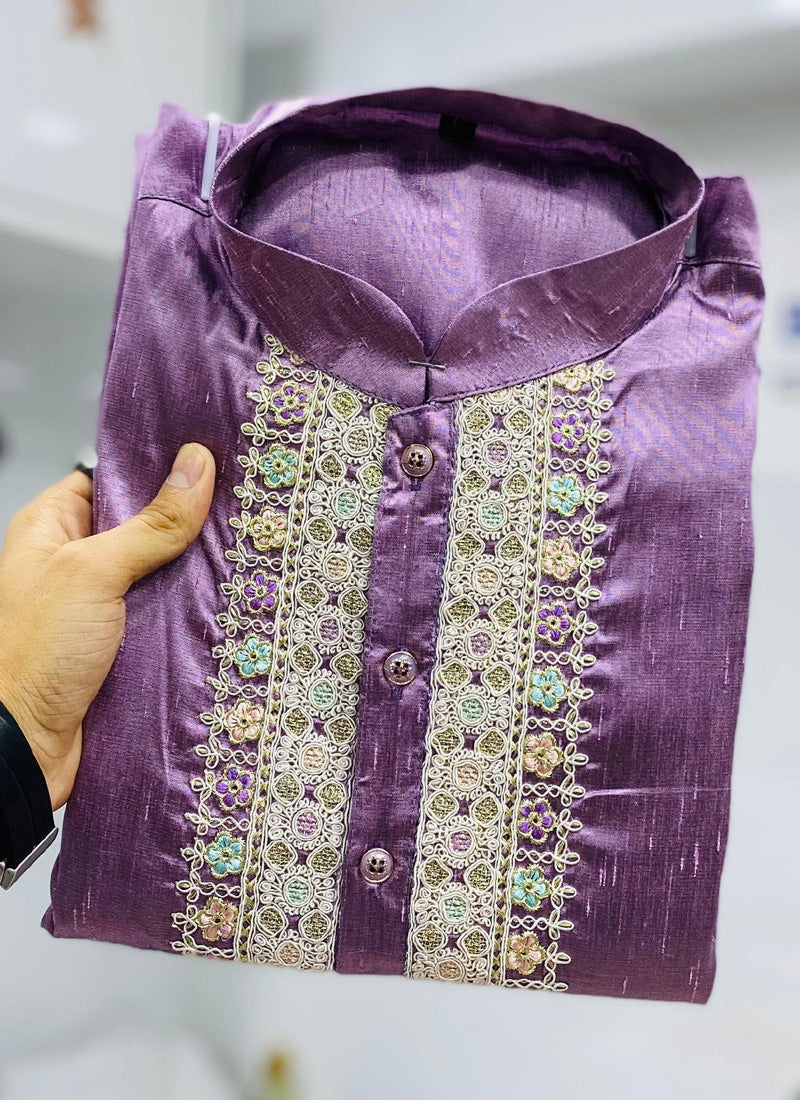 Prazu Fashion Lavender Shiny Silk Fabulous Coding Work Kurta With Pajama