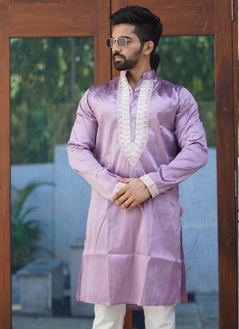 Prazu Fashion Lavender Shiny Silk Fabulous Coding Work Kurta With Pajama