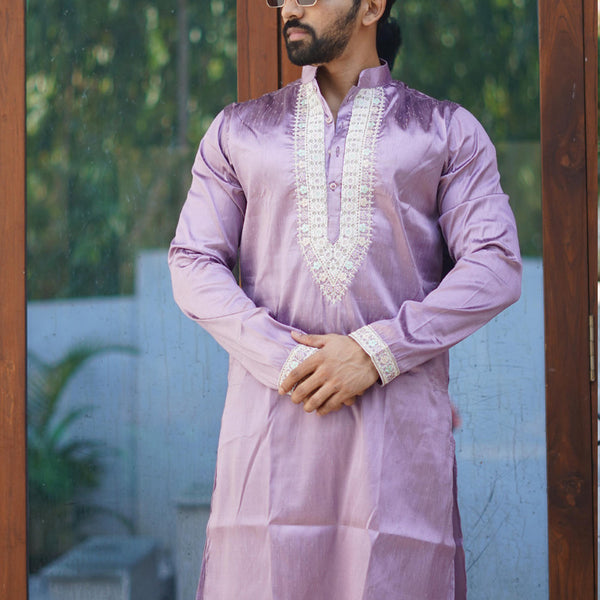 Prazu Fashion Lavender Shiny Silk Fabulous Coding Work Kurta With Pajama