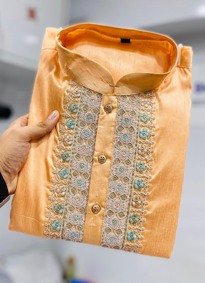 Prazu Fashion Orange Shiny Silk Fabulous Coding Work Kurta With Pajama