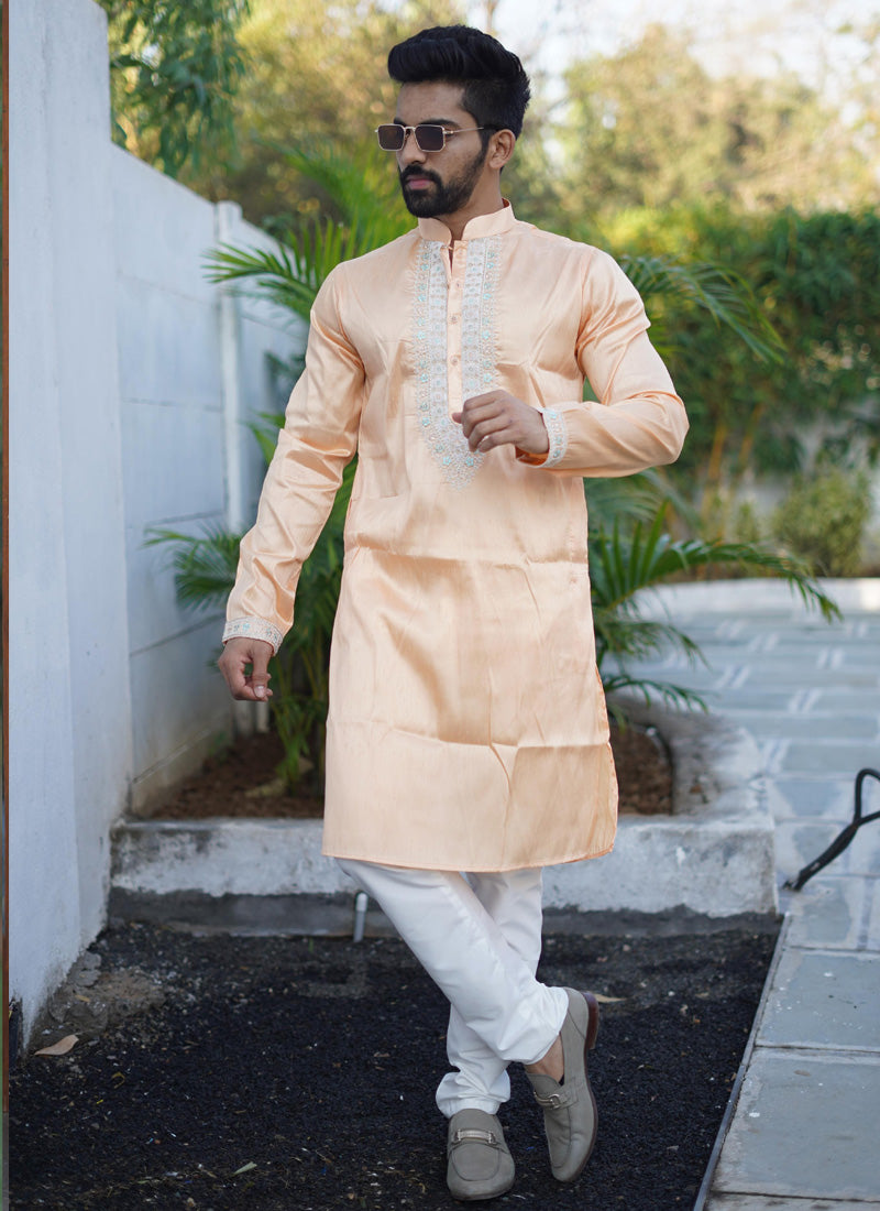 Prazu Fashion Orange Shiny Silk Fabulous Coding Work Kurta With Pajama