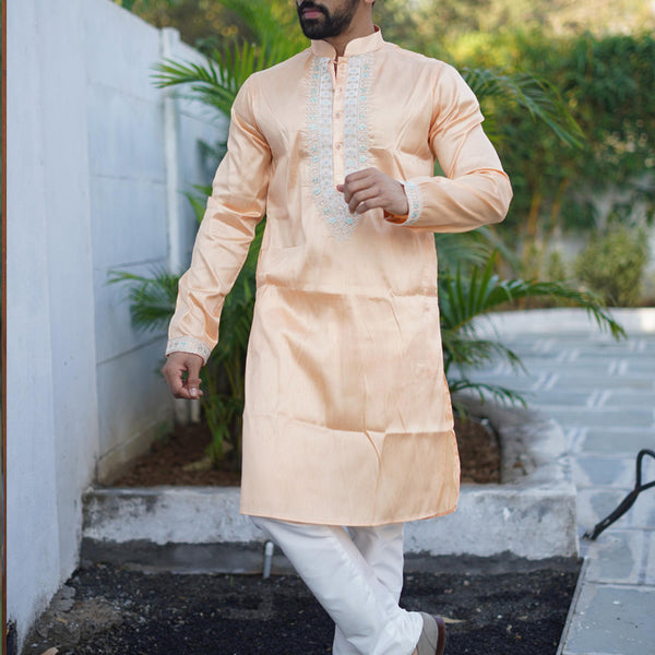 Prazu Fashion Orange Shiny Silk Fabulous Coding Work Kurta With Pajama
