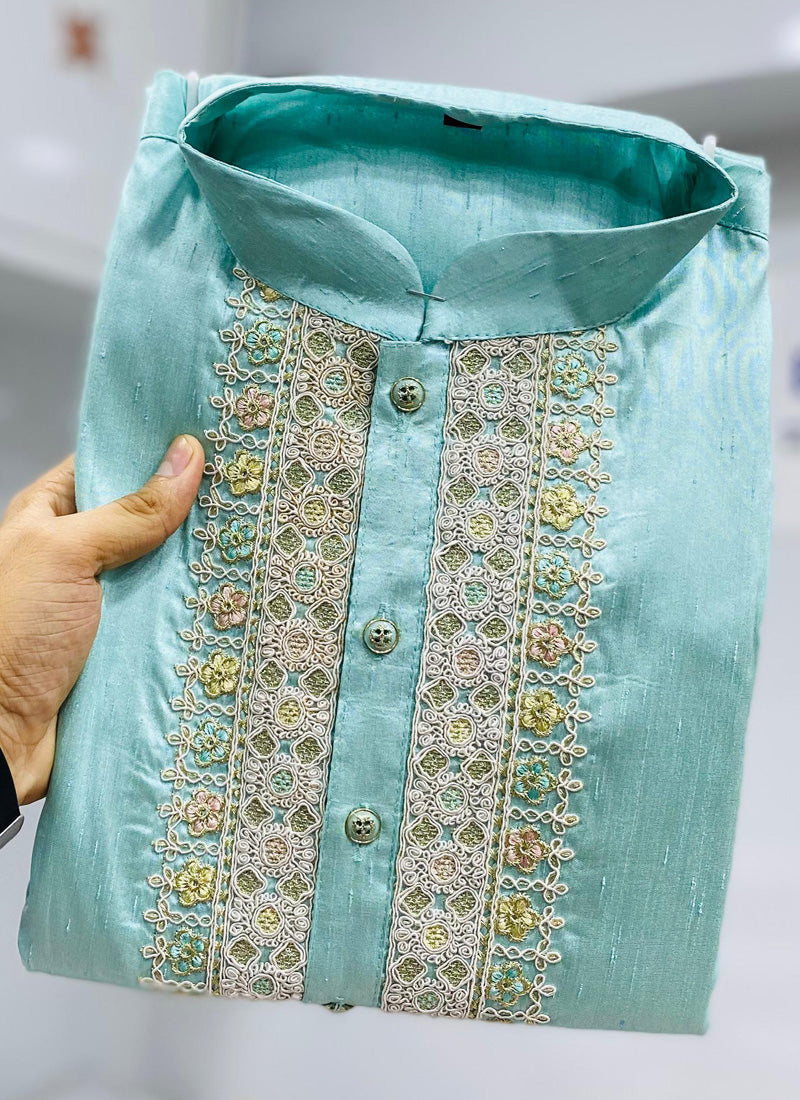 Prazu Fashion Sky Blue Shiny Silk Fabulous Coding Work Kurta With Pajama - Distacart