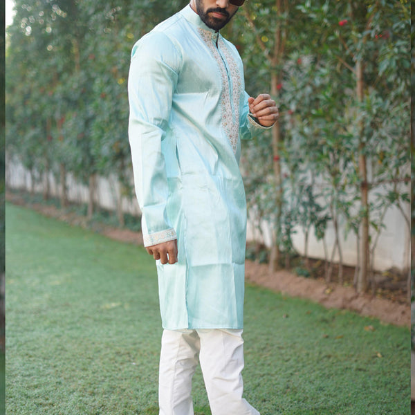 Prazu Fashion Sky Blue Shiny Silk Fabulous Coding Work Kurta With Pajama