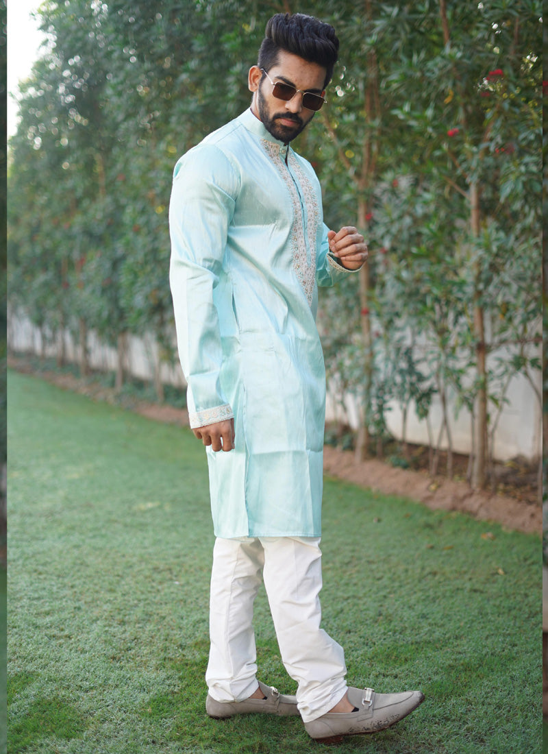 Prazu Fashion Sky Blue Shiny Silk Fabulous Coding Work Kurta With Pajama - Distacart