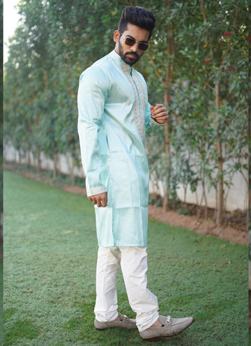 Prazu Fashion Sky Blue Shiny Silk Fabulous Coding Work Kurta With Pajama - Distacart
