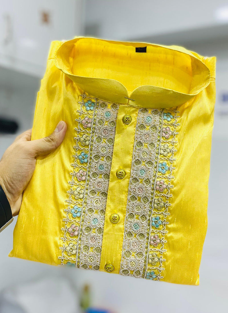Prazu Fashion Yellow Shiny Silk Fabulous Coding Work Kurta With Pajama