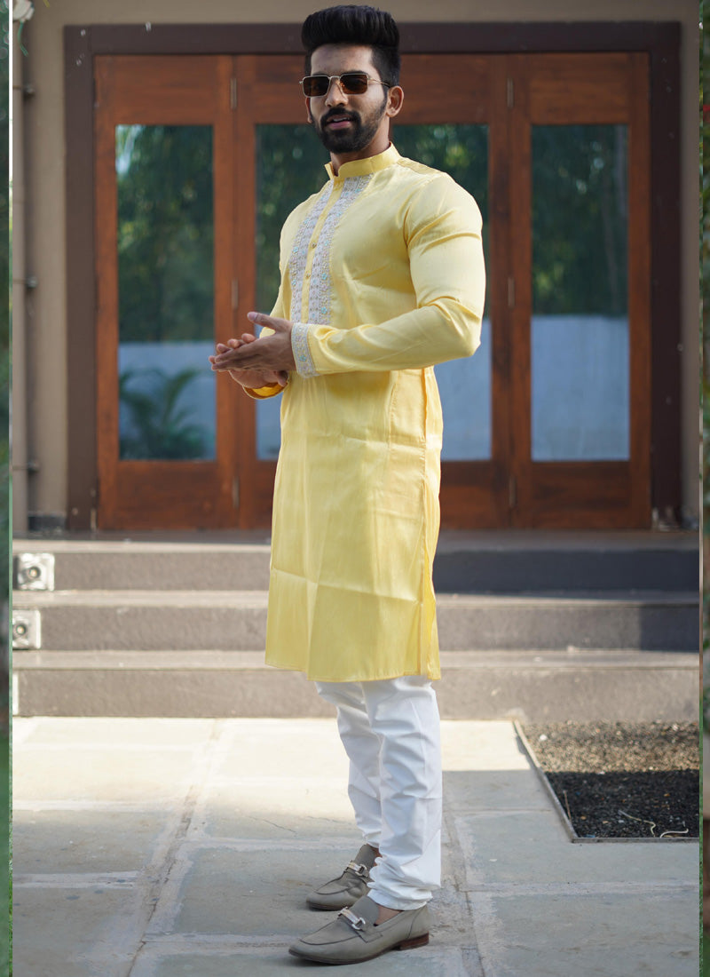 Prazu Fashion Yellow Shiny Silk Fabulous Coding Work Kurta With Pajama
