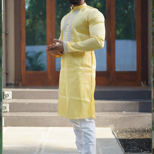 Prazu Fashion Yellow Shiny Silk Fabulous Coding Work Kurta With Pajama