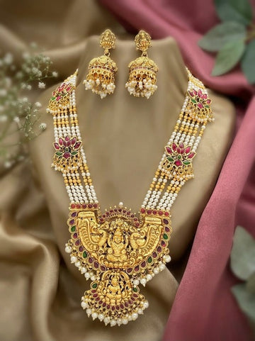 Jewel City Gold Temple Jewelry Set with Long Haram Necklace & Jhumka Earrings | South Indian Bridal Wedding Jewelry - Dista