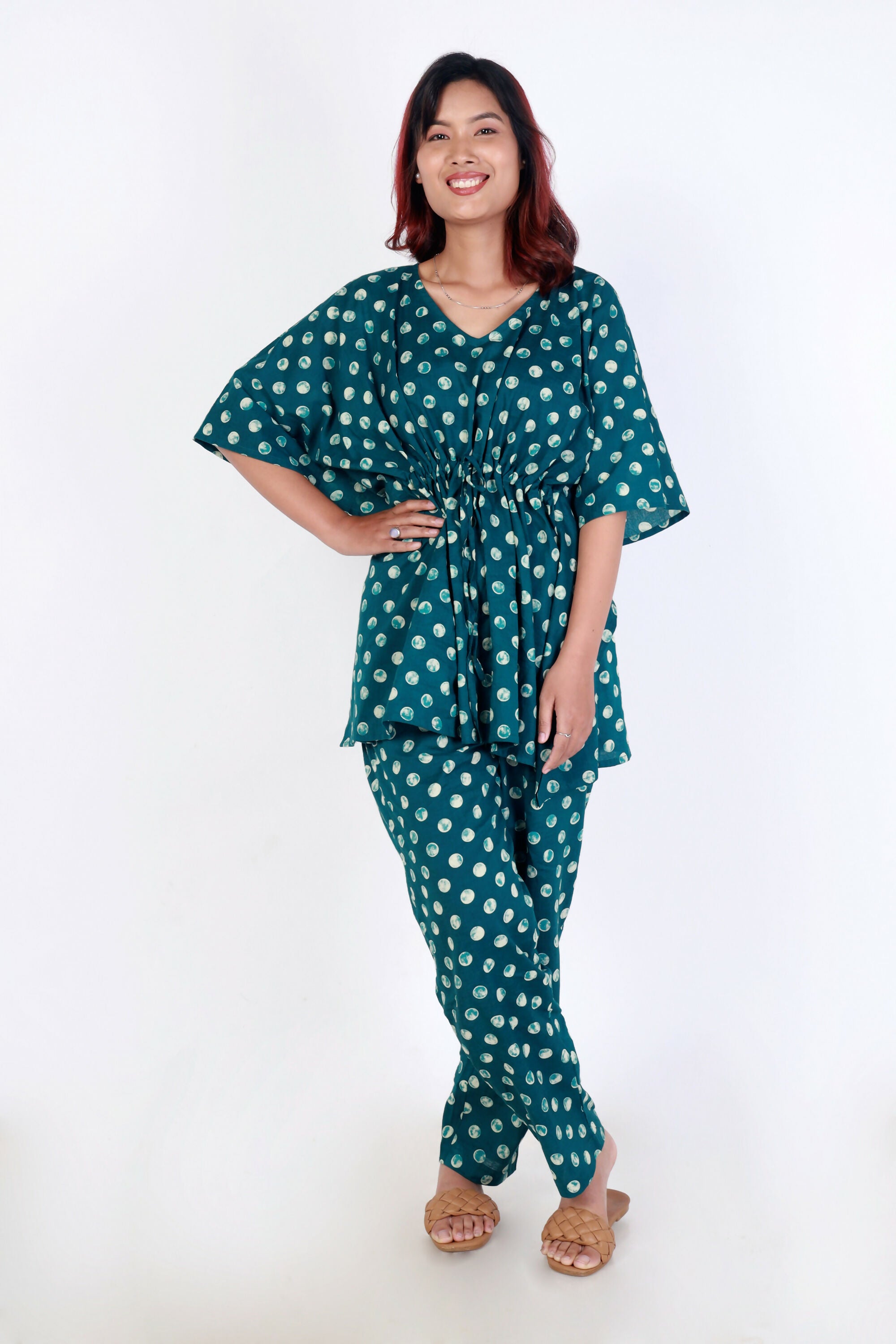 Breathables Green Polka Cotton Kaftan Co-Ord Set - Dista