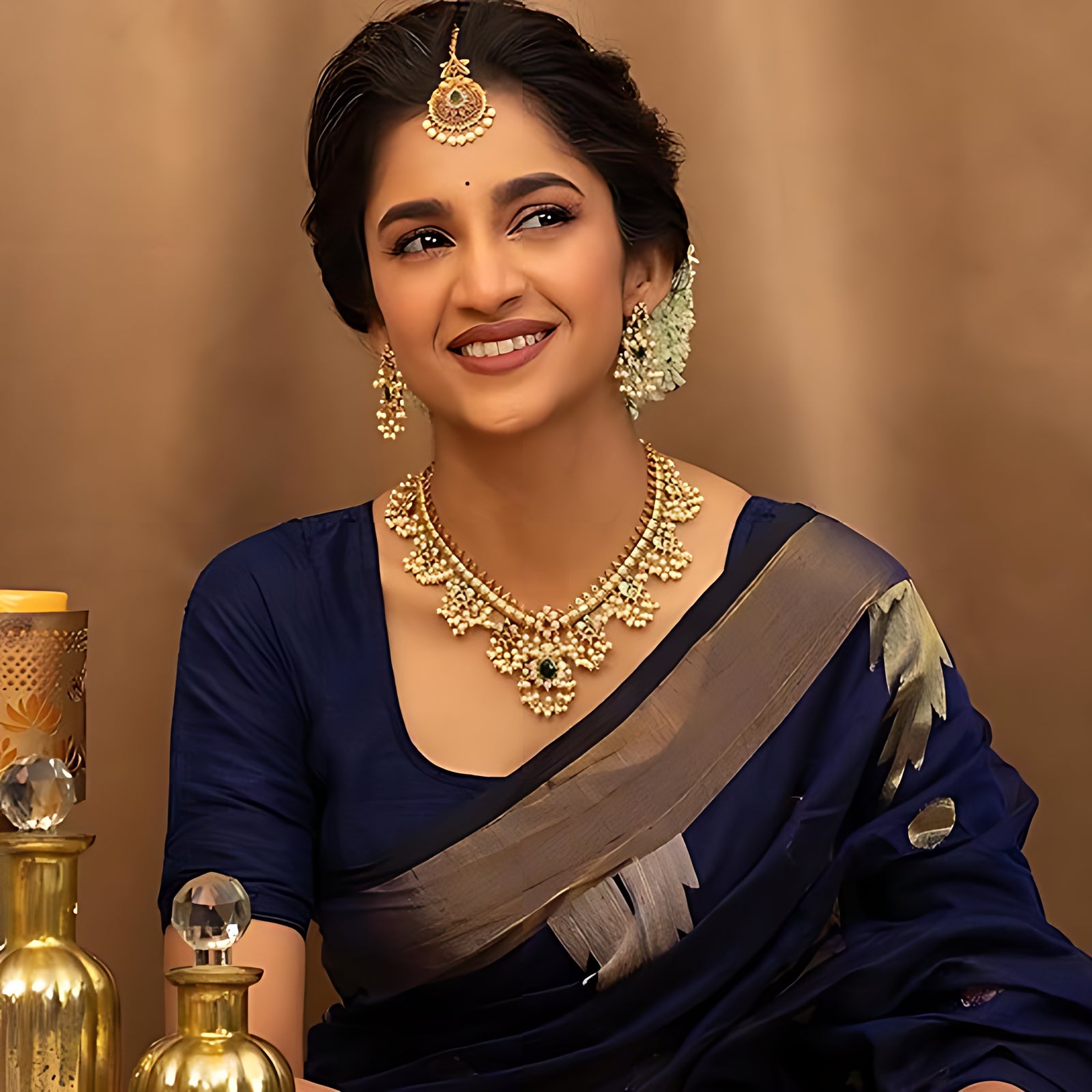 Jewel City Exquisite South Indian-Style Gold-Plated Necklace and Earrings Set with Pearl and Gemstone Accents