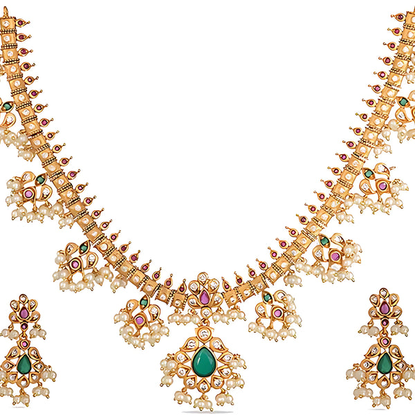 Jewel City Exquisite South Indian-Style Gold-Plated Necklace and Earrings Set with Pearl and Gemstone Accents - Distacart