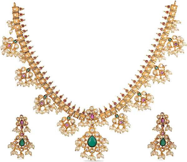 Jewel City Exquisite South Indian-Style Gold-Plated Necklace and Earrings Set with Pearl and Gemstone Accents