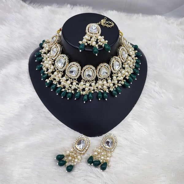Jewel City Elegant Kundan Pearl Necklace Set with Emerald Green Drops and Matching Tikka - Distacart