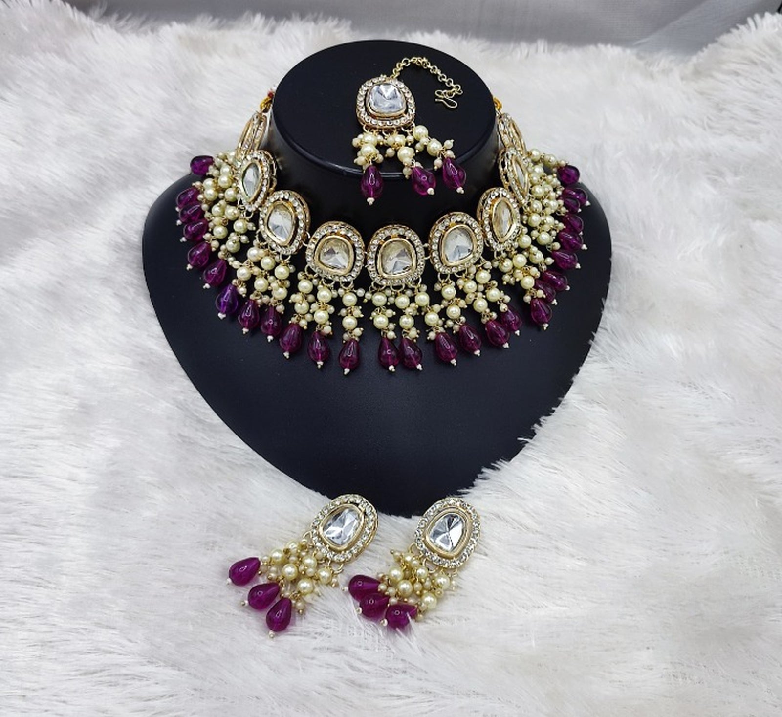 Jewel City Elegant Kundan Pearl Necklace Set with Wine Drops and Matching Tikka