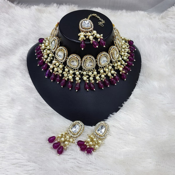 Jewel City Elegant Kundan Pearl Necklace Set with Wine Drops and Matching Tikka - Distacart