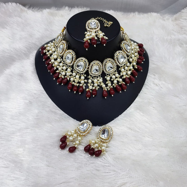 Jewel City Elegant Kundan Pearl Necklace Set with Maroon Drops and Matching Tikka - Distacart