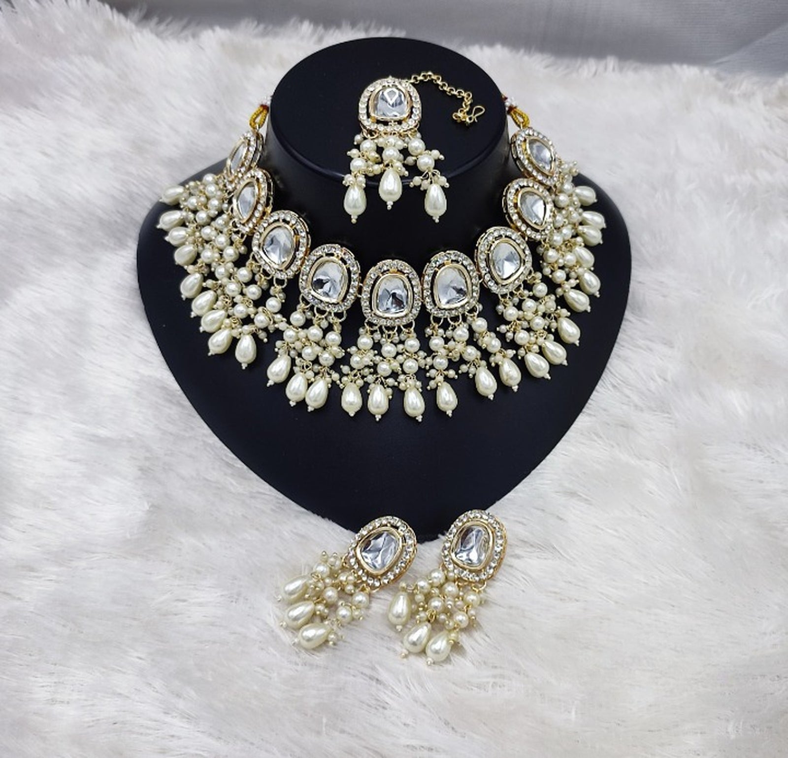 Jewel City Elegant Kundan Pearl Necklace Set with White Drops and Matching Tikka